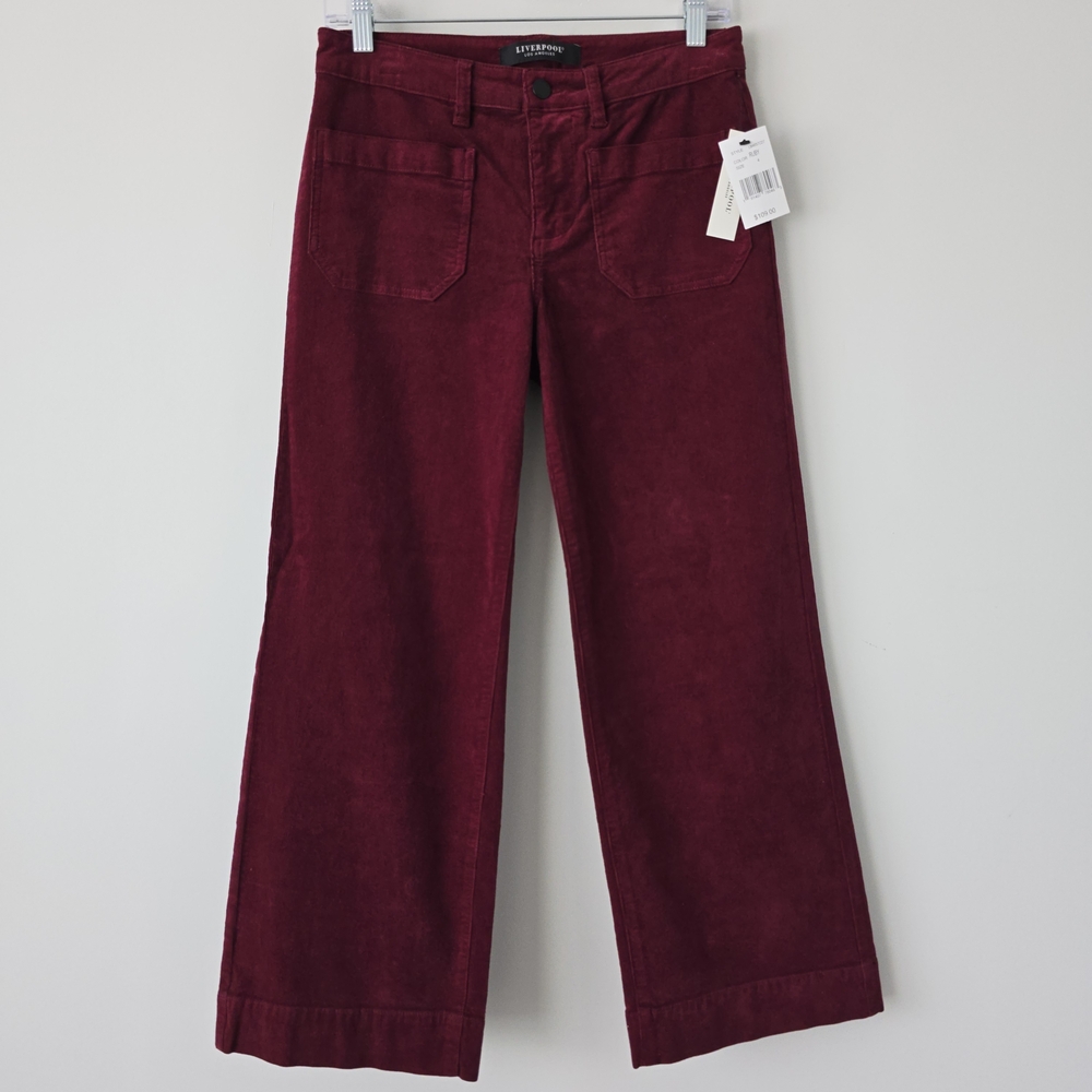 NWT Liverpool High Rise Crop Wide Leg Corduroy Pants Women 27 Red Burgundy